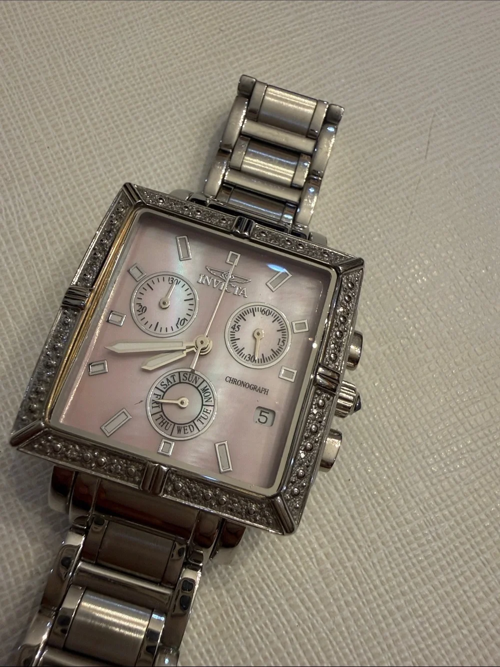 Invicta Silver Stainless Steel Square Chronograph Watch with Pink Dial